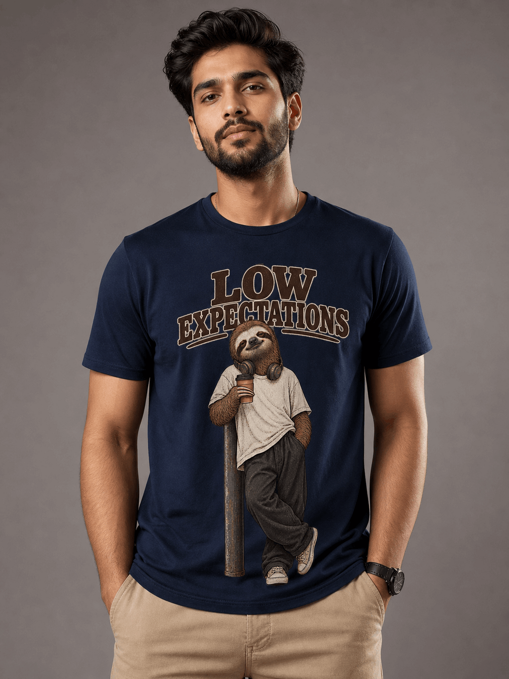 low expectations sloth navy blue close male AI studio photoshoot