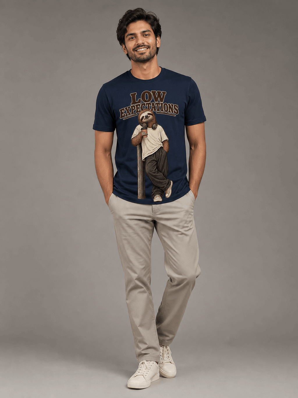 low expectations sloth navy blue full male AI studio photoshoot