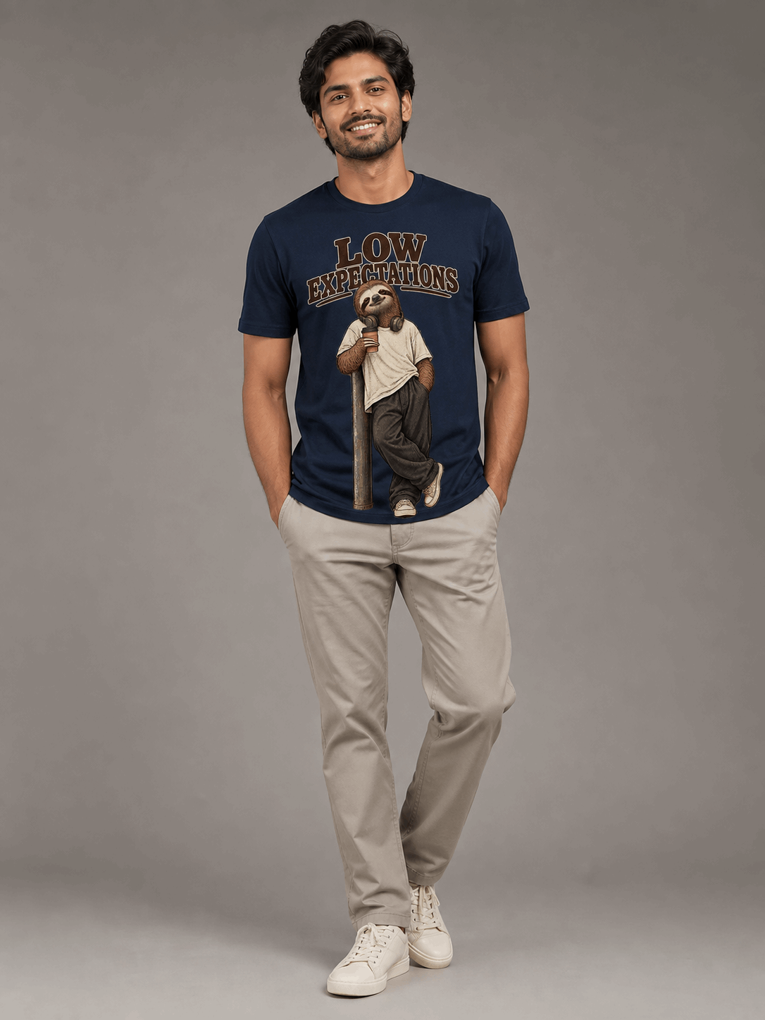 low expectations sloth navy blue full male AI studio photoshoot