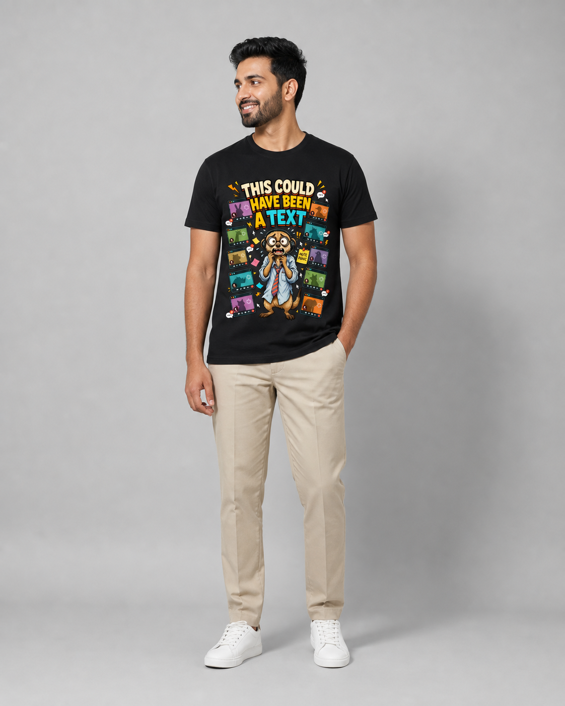 Meeting Meerkat — Black — male model approx. 6'0", wearing size L