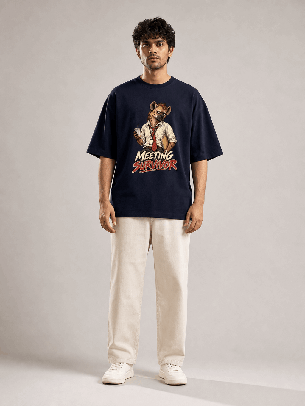 Meeting Survivor Hyena navy blue oversized T-shirt on Indian male model, full-length studio view