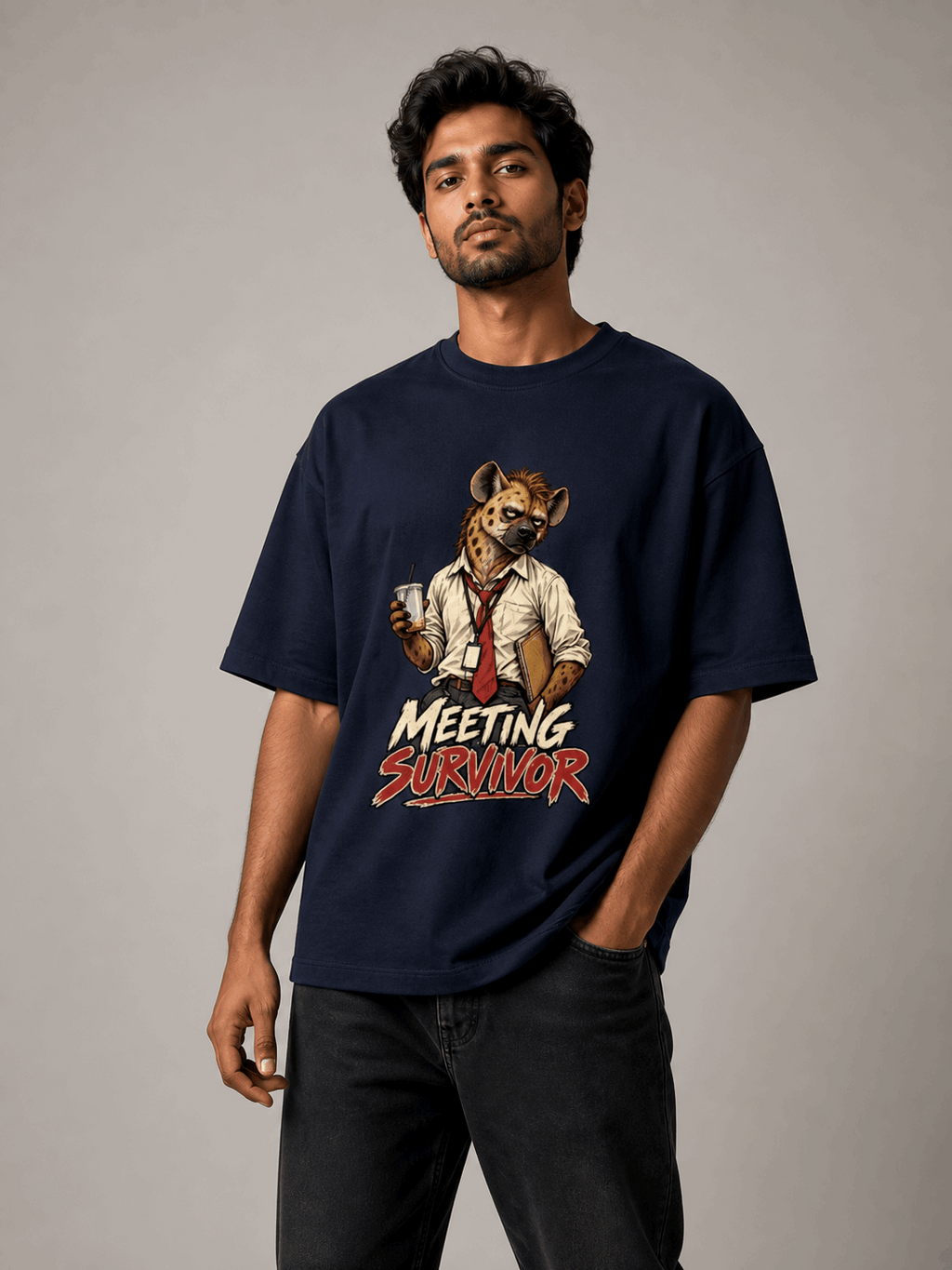 Meeting Survivor Hyena navy blue oversized T-shirt on Indian male model, three-quarter studio view