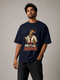 Meeting Survivor Hyena navy blue oversized T-shirt on Indian male model, three-quarter studio view