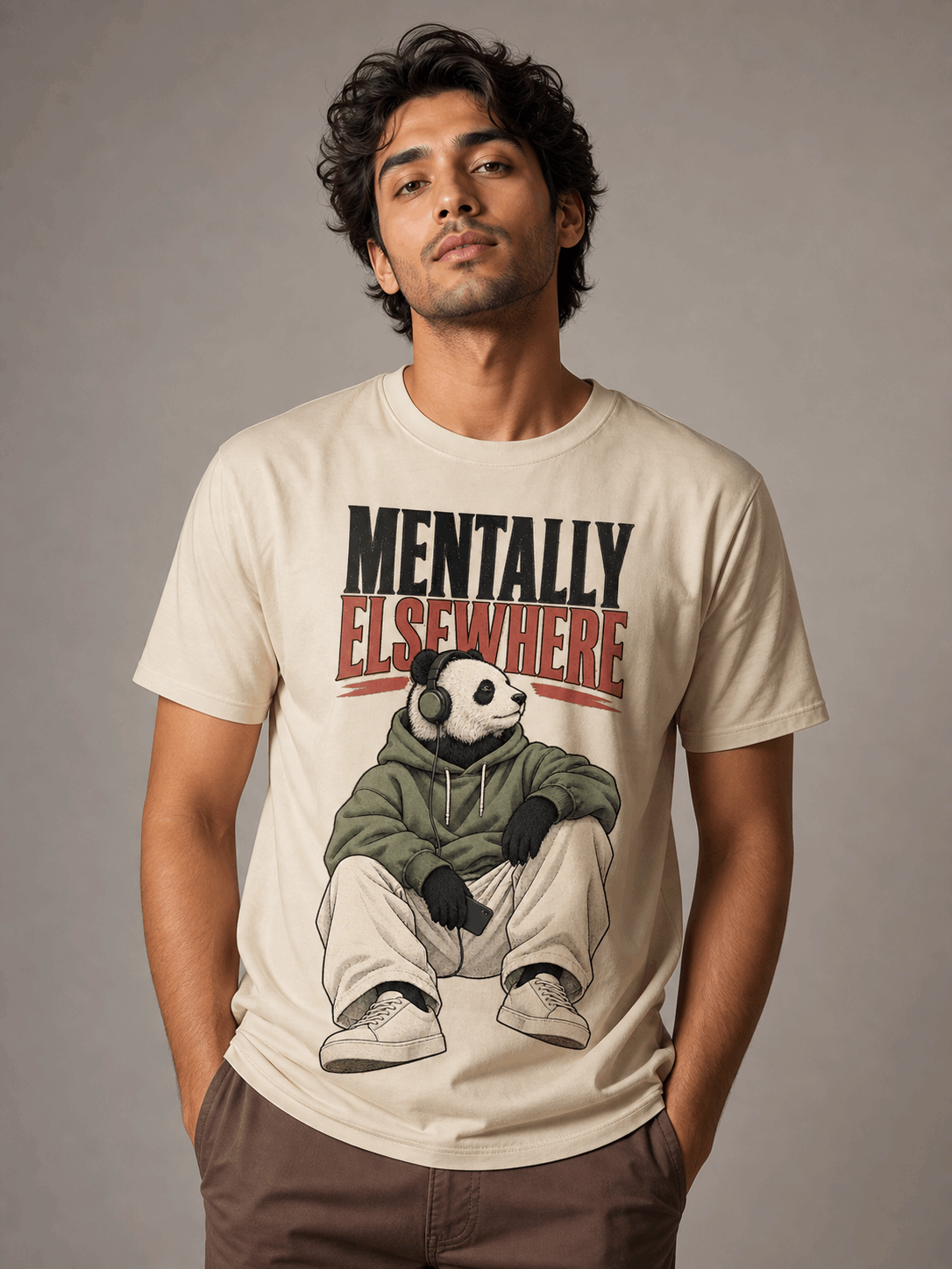 mentally elsewhere panda beige close male AI studio photoshoot