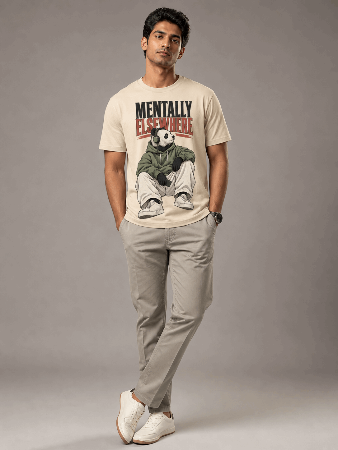 mentally elsewhere panda beige full male AI studio photoshoot