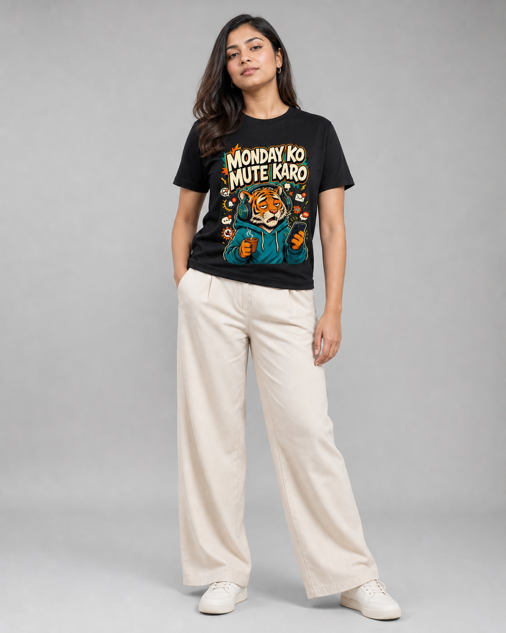 Monday Ko Mute Karo — Black — female model approx. 5'7", wearing size M
