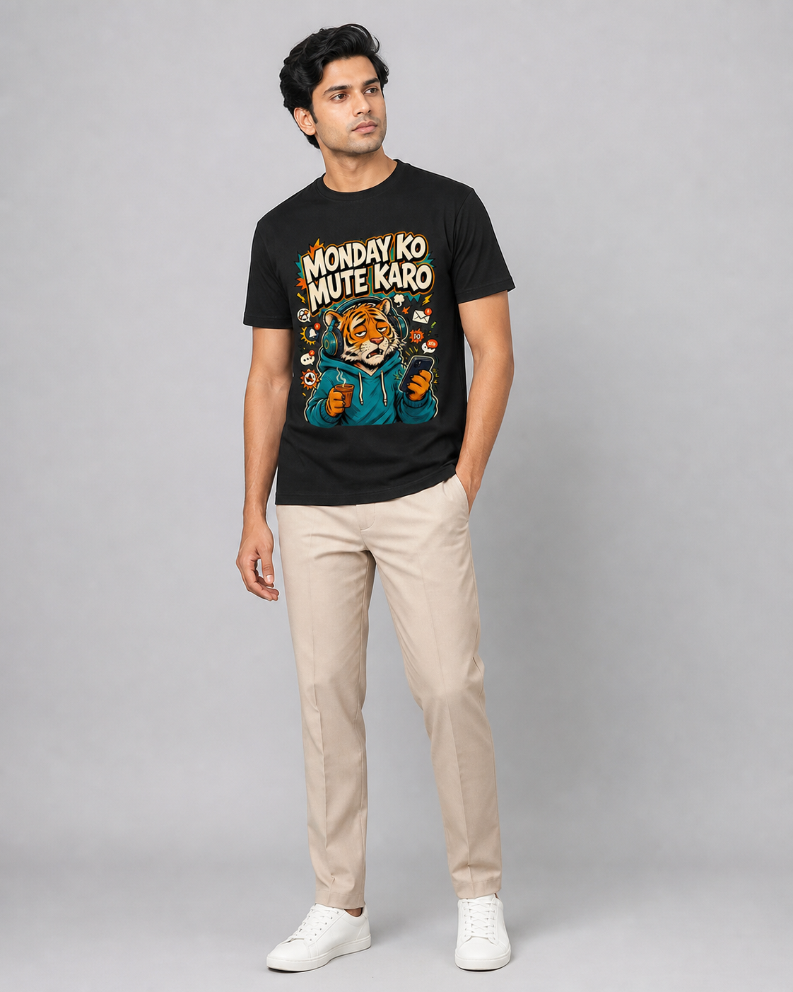 Monday Ko Mute Karo — Black — male model approx. 6'0", wearing size L