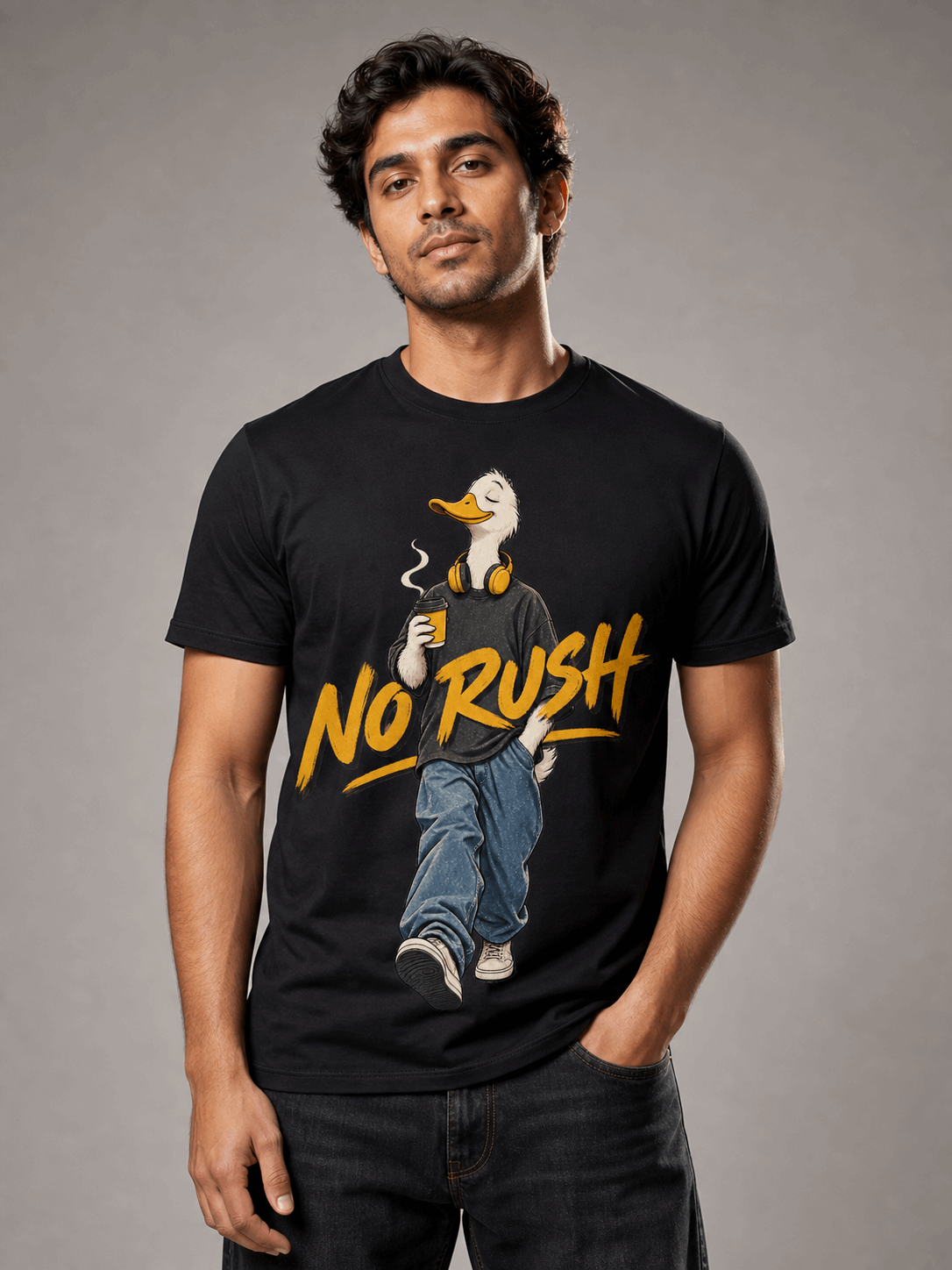 no rush duck black close male AI studio photoshoot