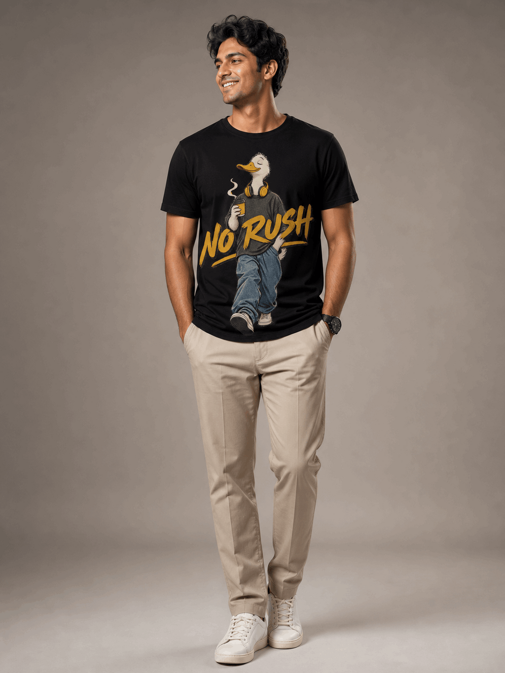 no rush duck black full male AI studio photoshoot