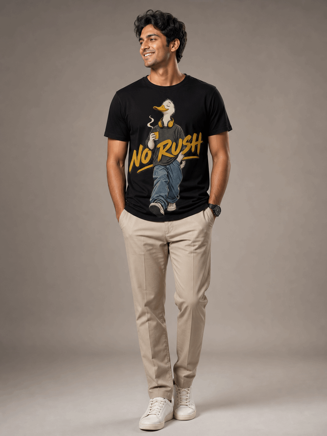 no rush duck black full male AI studio photoshoot