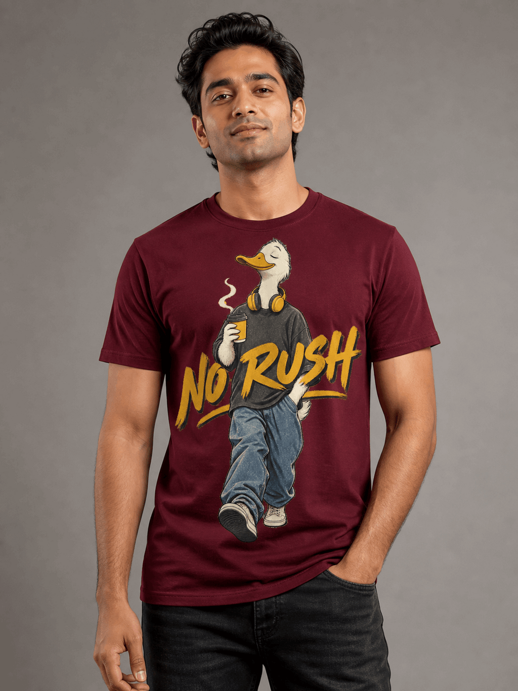no rush duck maroon close male AI studio photoshoot