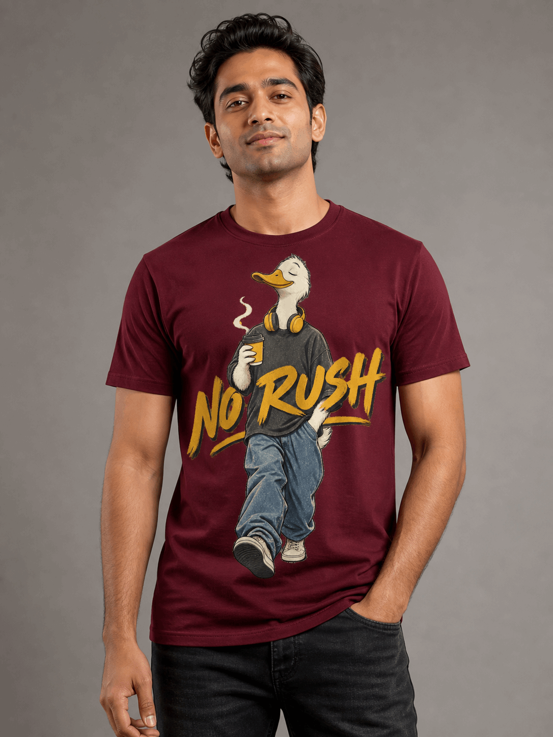 no rush duck maroon close male AI studio photoshoot