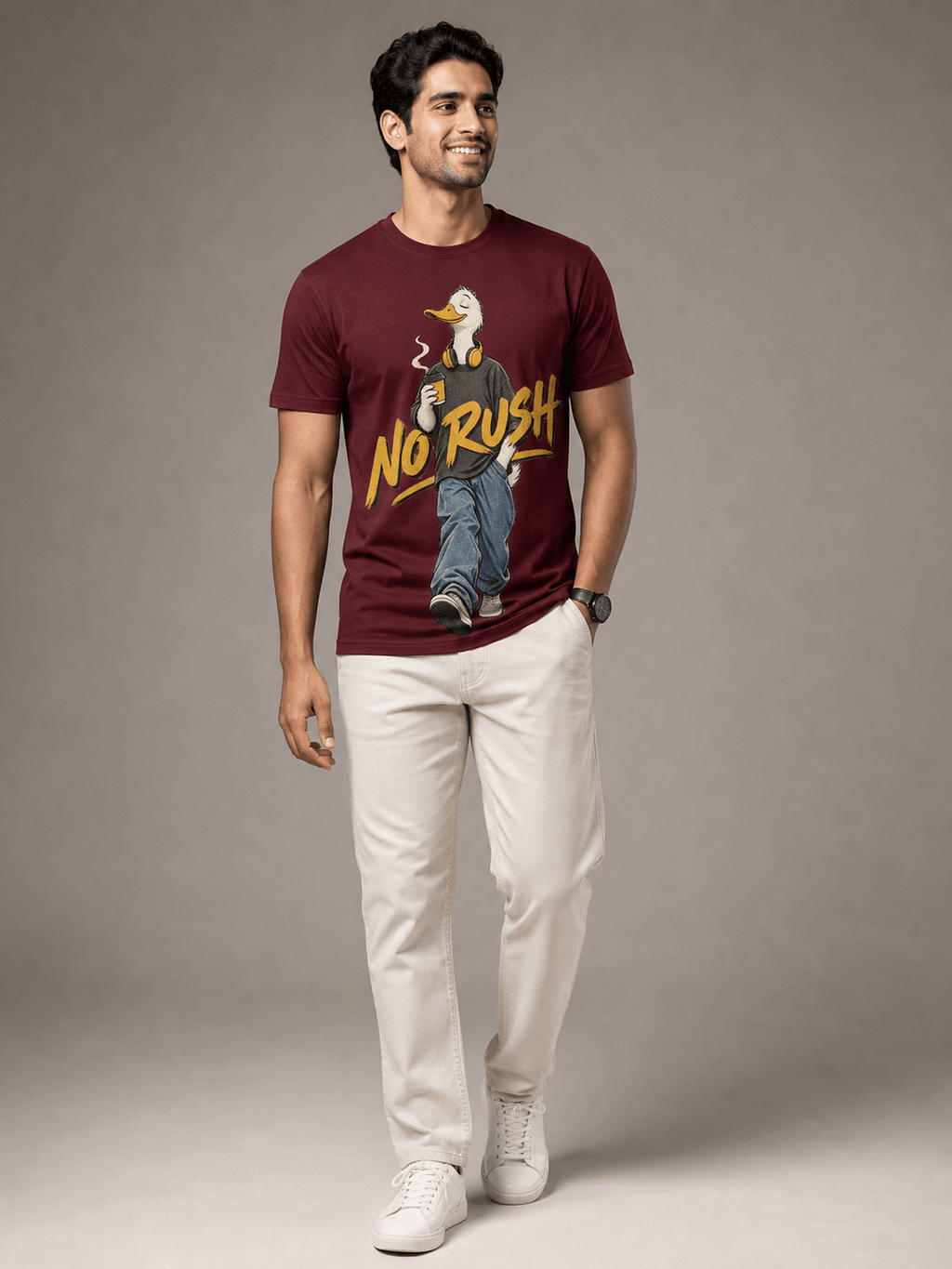 no rush duck maroon full male AI studio photoshoot
