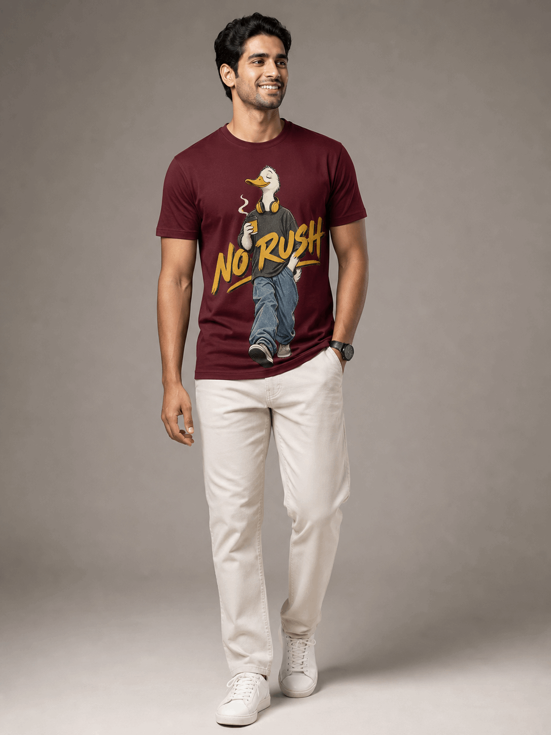 no rush duck maroon full male AI studio photoshoot