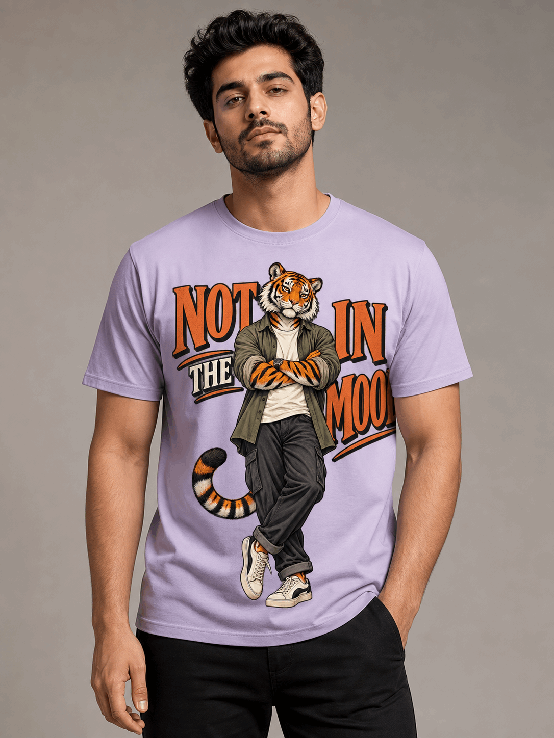 not in the mood tiger lavender close male AI studio photoshoot