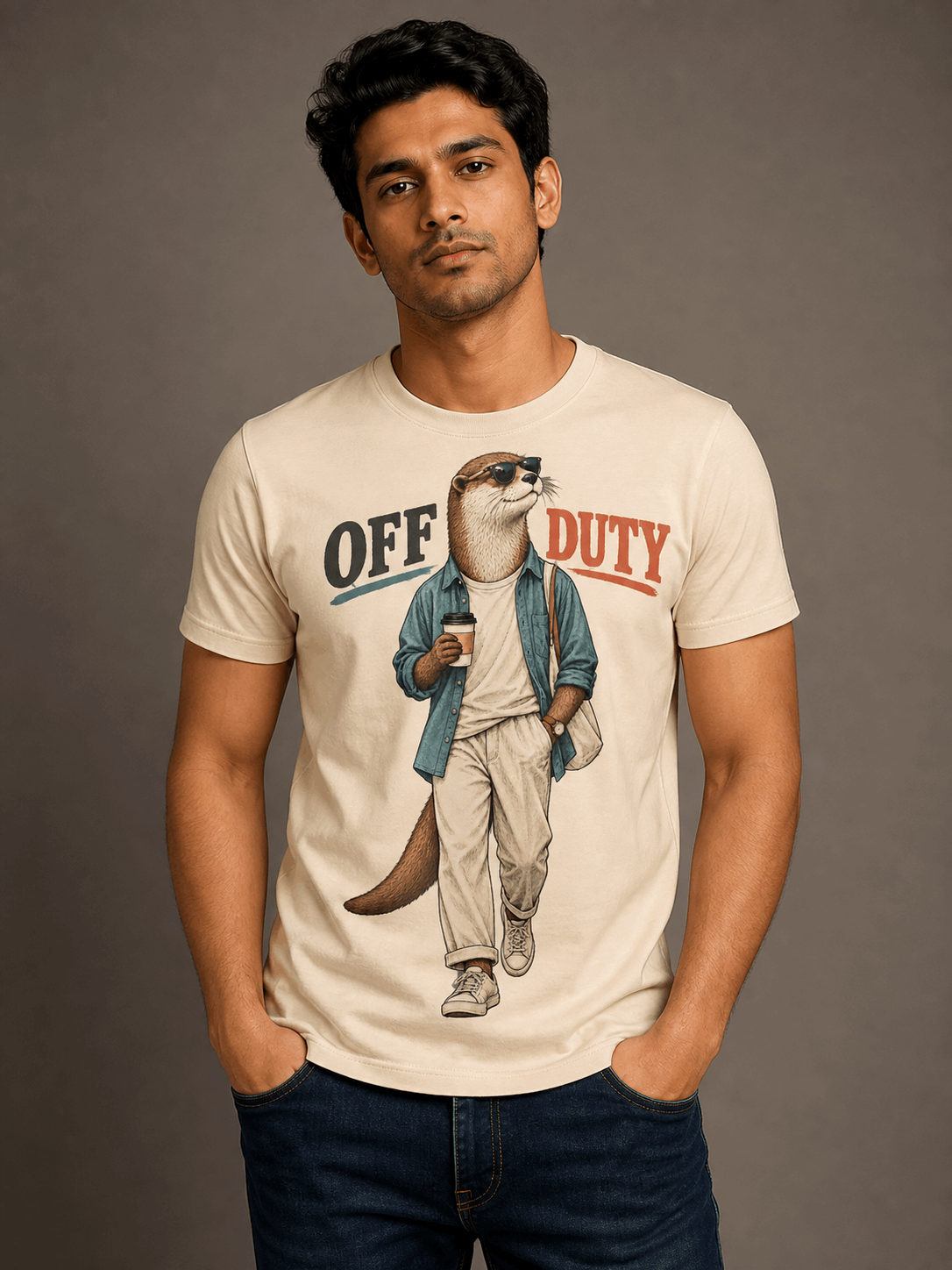off duty otter beige close male AI studio photoshoot
