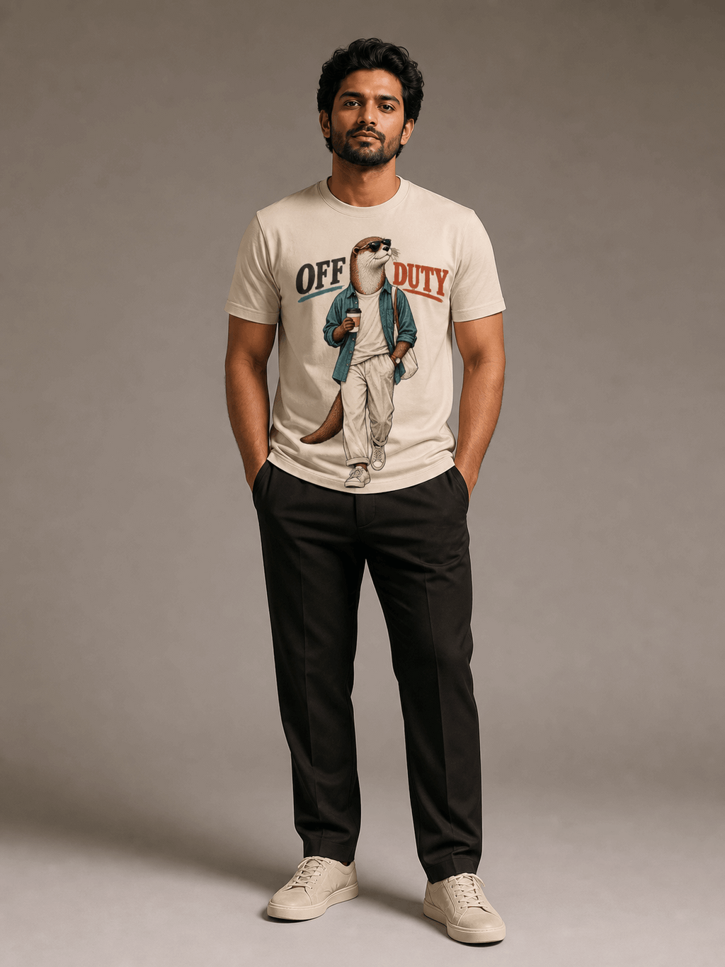 off duty otter beige full male AI studio photoshoot
