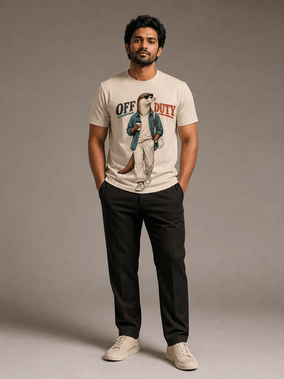 off duty otter beige full male AI studio photoshoot