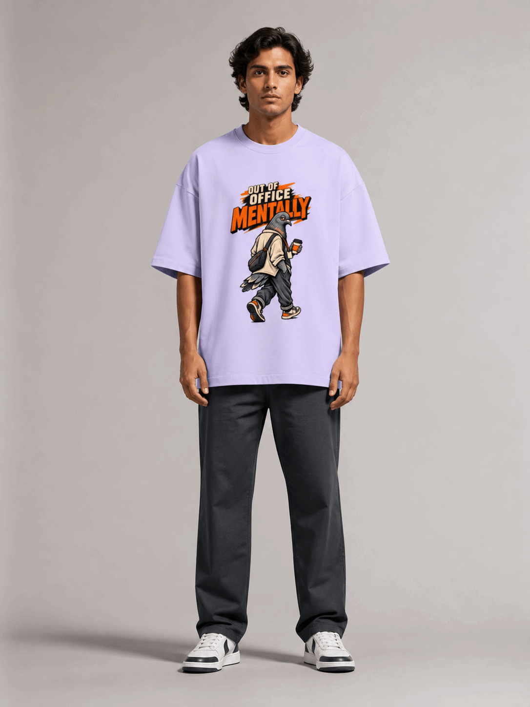 Out Of Office Pigeon lavender oversized T-shirt on Indian male model, full-length studio view