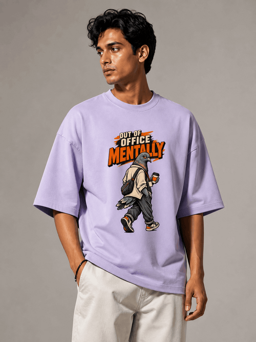 Out Of Office Pigeon lavender oversized T-shirt on Indian male model, three-quarter studio view