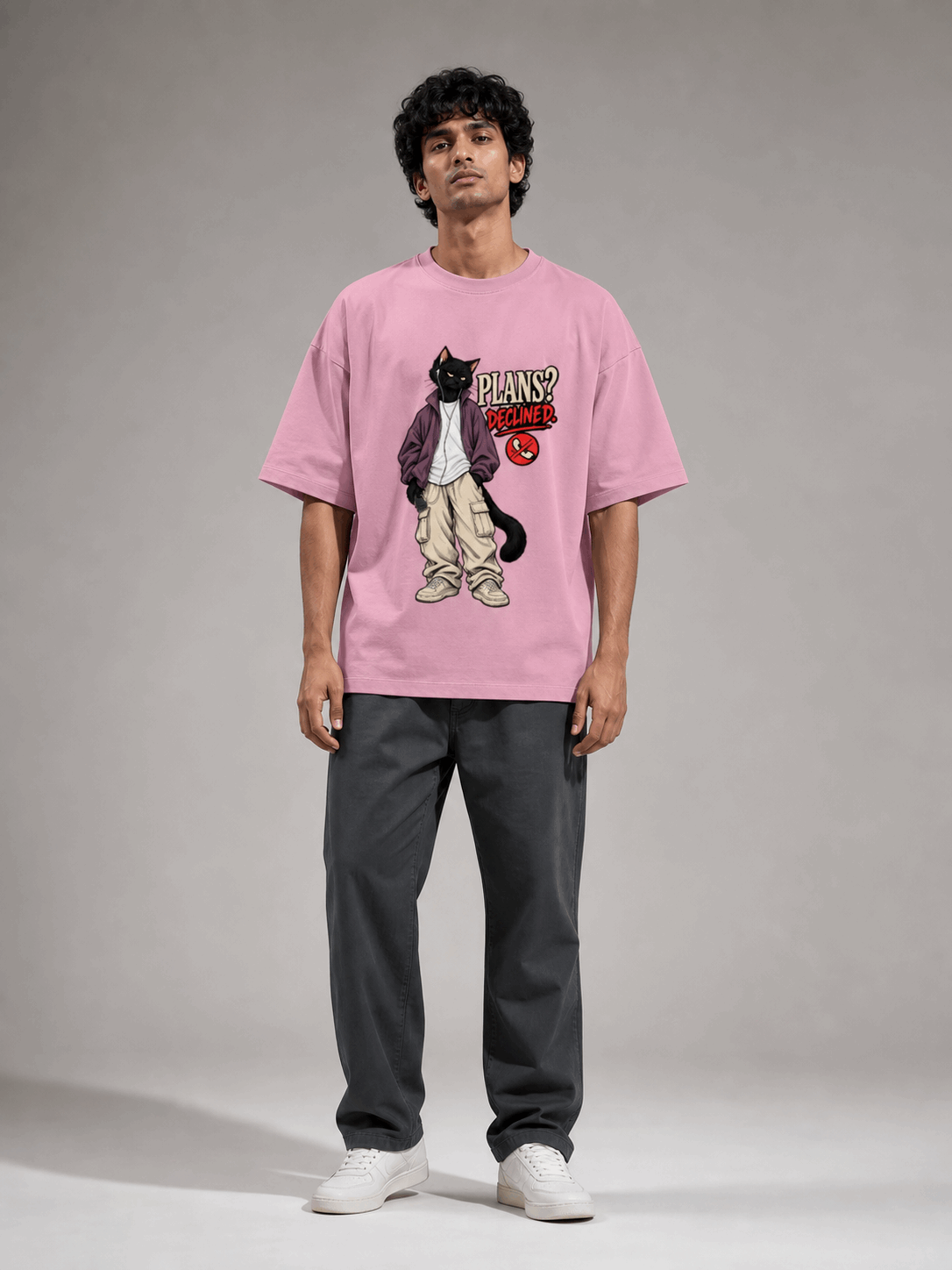 Plans Declined Cat flamingo oversized T-shirt on Indian male model, full-length studio view