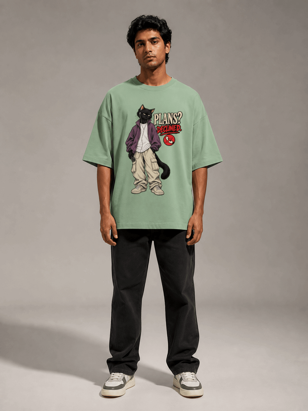 Plans Declined Cat jade oversized T-shirt on Indian male model, full-length studio view