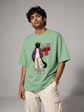 Plans Declined Cat jade oversized T-shirt on Indian male model, three-quarter studio view