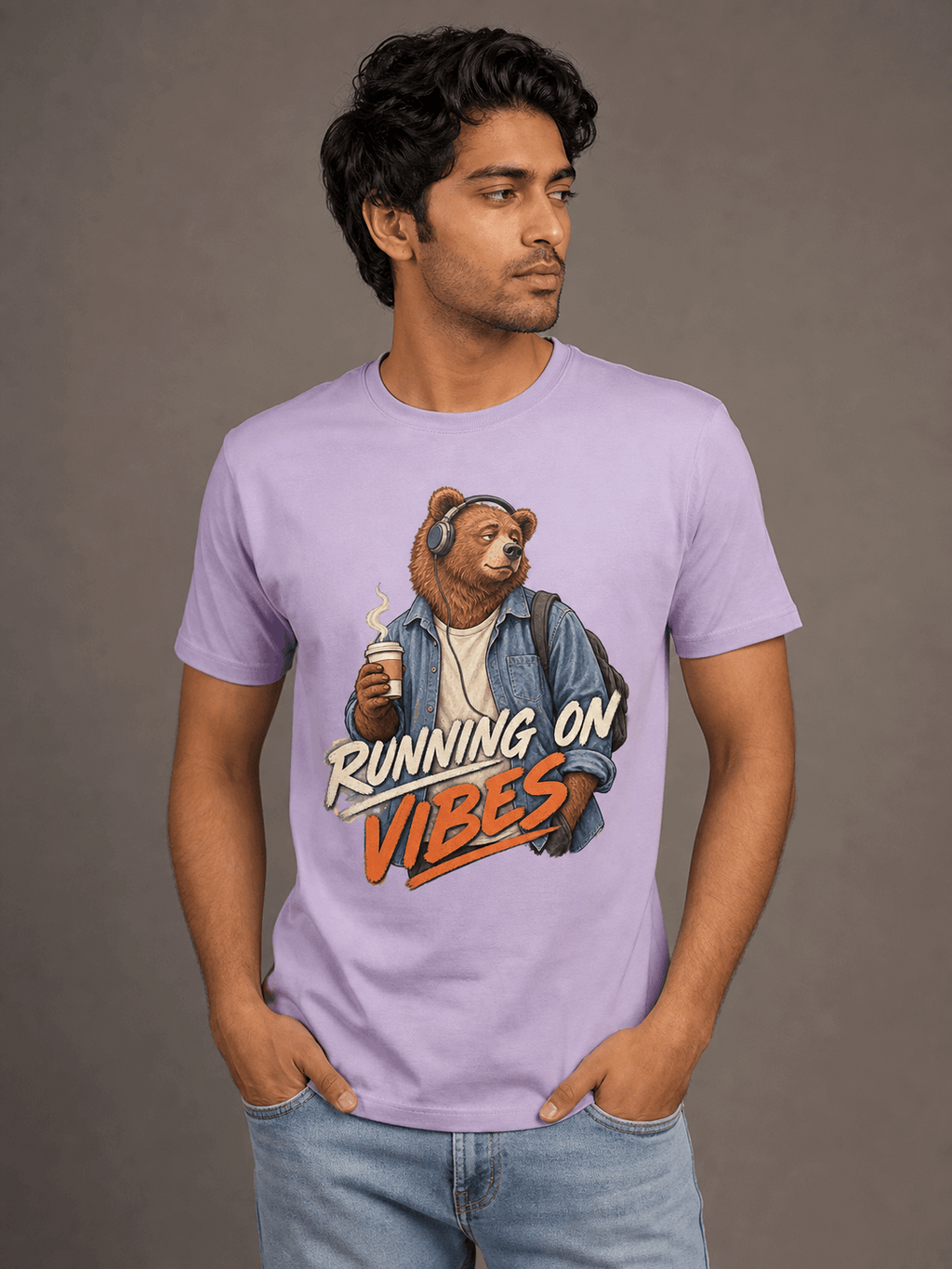 running on vibes bear lavender close male AI studio photoshoot