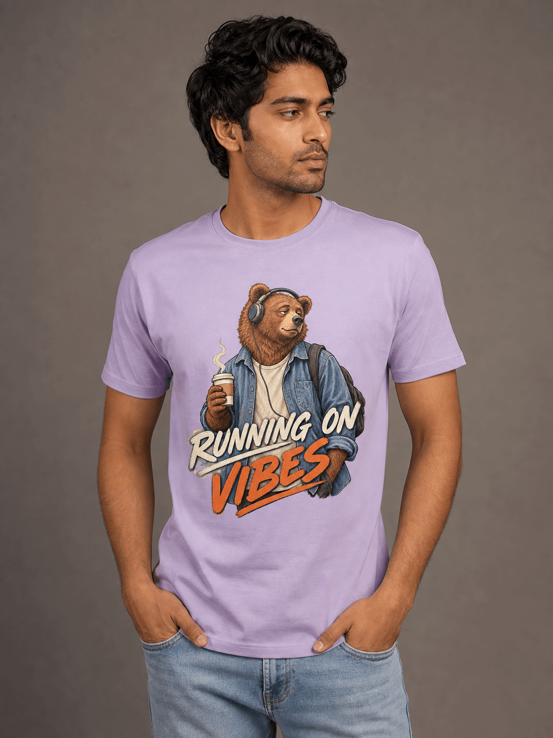 running on vibes bear lavender close male AI studio photoshoot