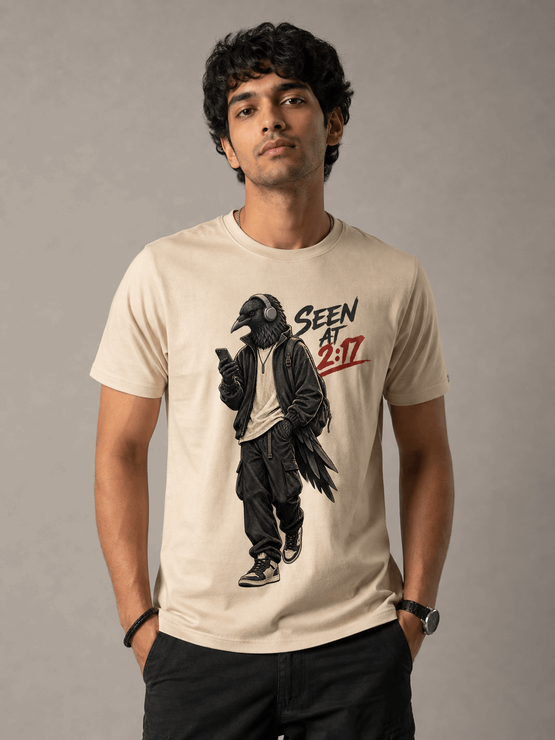 seen at 2 17 crow beige close male AI studio photoshoot