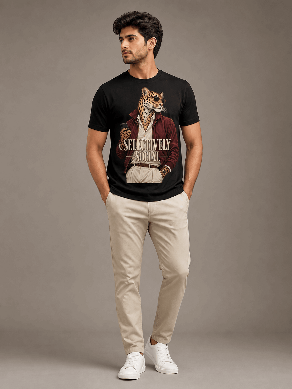 selectively social leopard black full male AI studio photoshoot