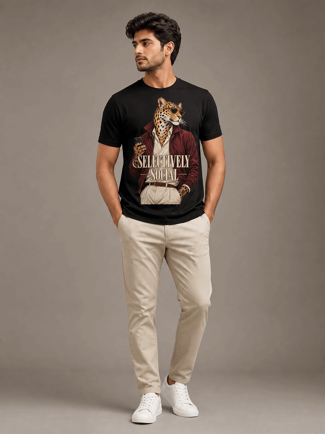 selectively social leopard black full male AI studio photoshoot