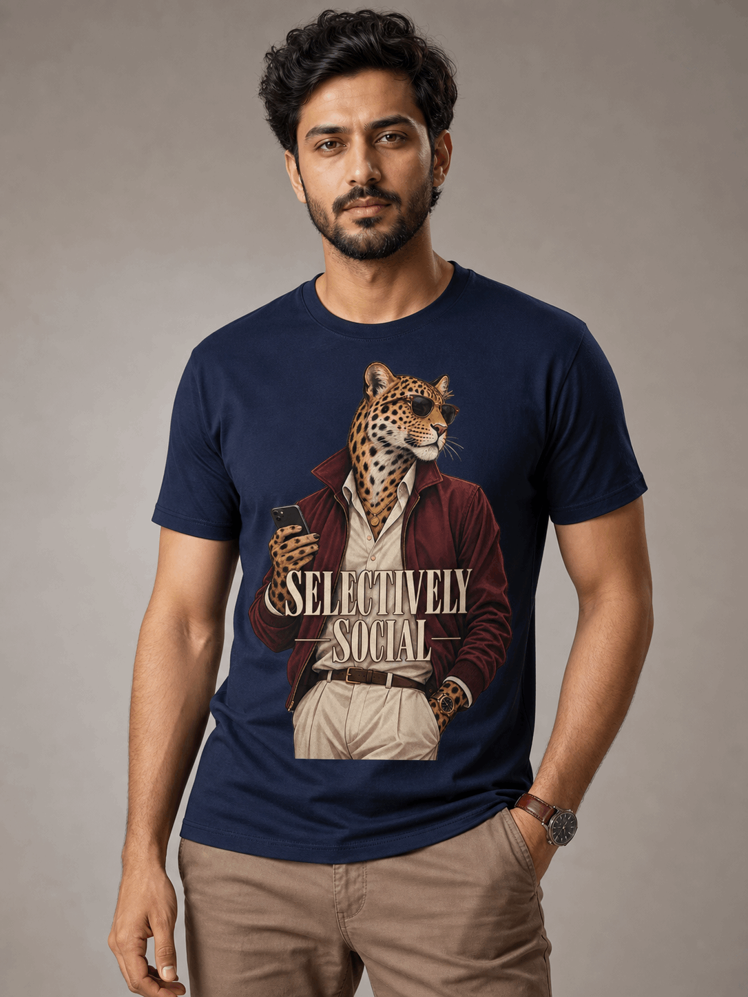 selectively social leopard navy blue close male AI studio photoshoot