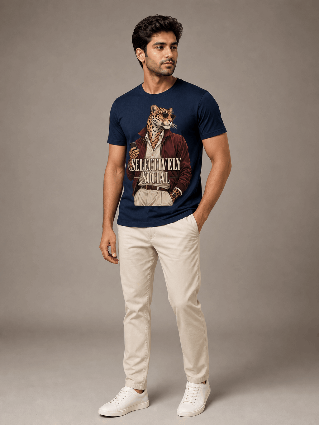 selectively social leopard navy blue full male AI studio photoshoot