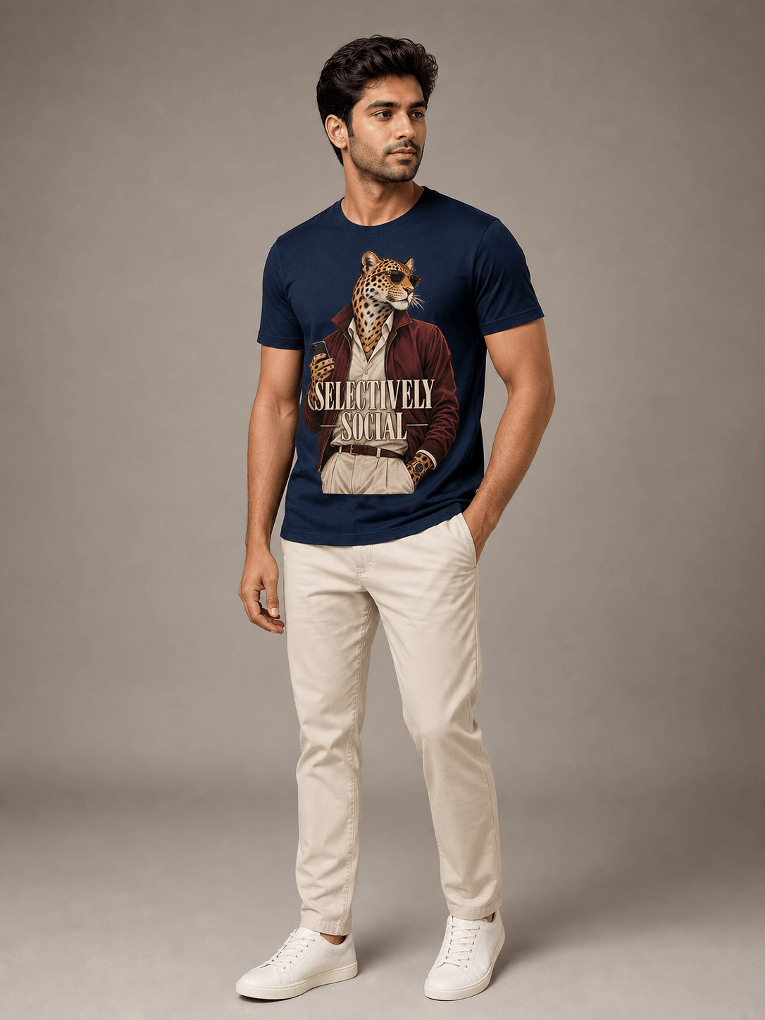 selectively social leopard navy blue full male AI studio photoshoot