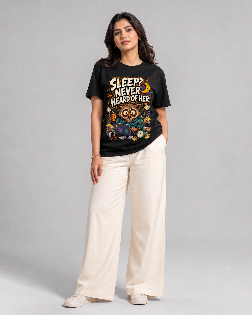 Sleep? Never Heard of Her — Black — female model approx. 5'7", wearing size M