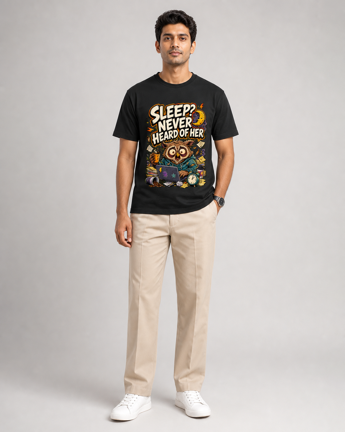 Sleep? Never Heard of Her — Black — male model approx. 6'0", wearing size L