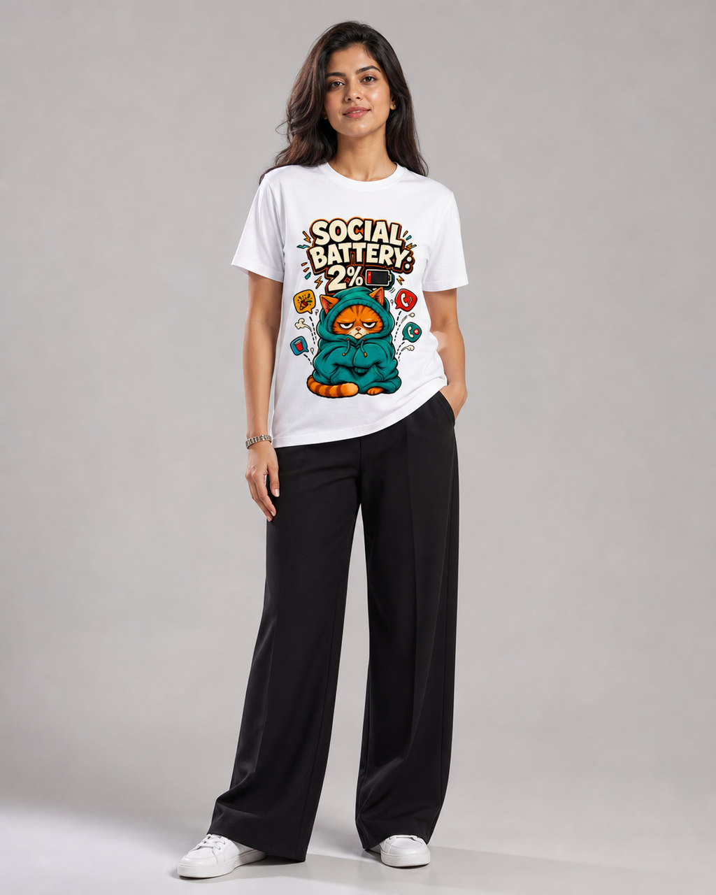 Social Battery: 2% — White — female model approx. 5'6", wearing size M