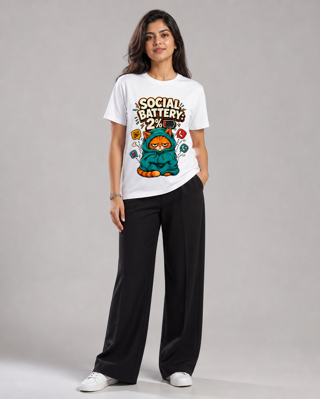 Social Battery: 2% — White — female model approx. 5'6", wearing size M