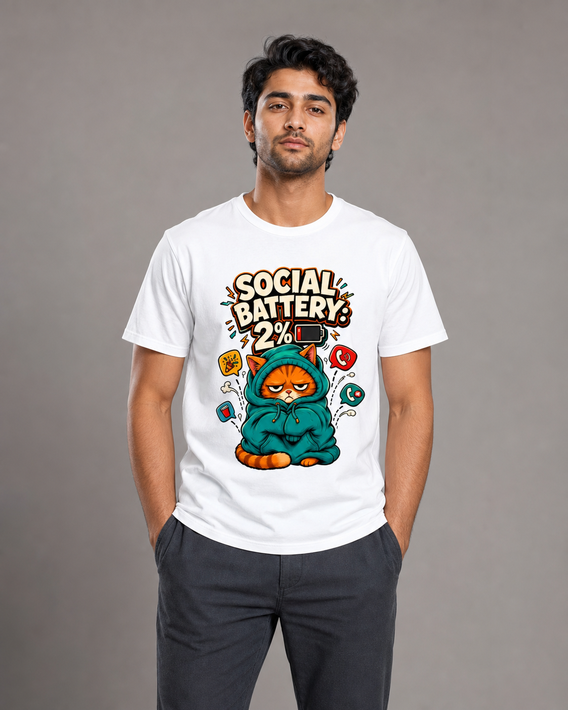 Social Battery: 2% — White — male model approx. 6'0", wearing size L