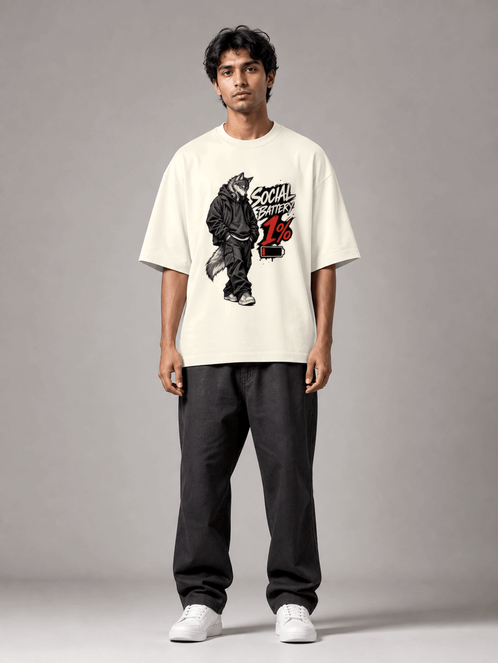 Social Battery Wolf off white oversized T-shirt on Indian male model, full-length studio view