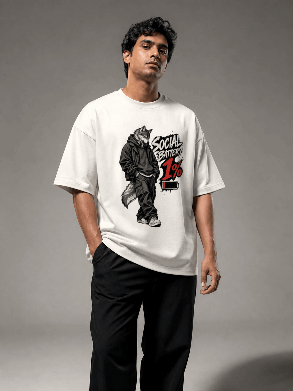 Social Battery Wolf off white oversized T-shirt on Indian male model, three-quarter studio view