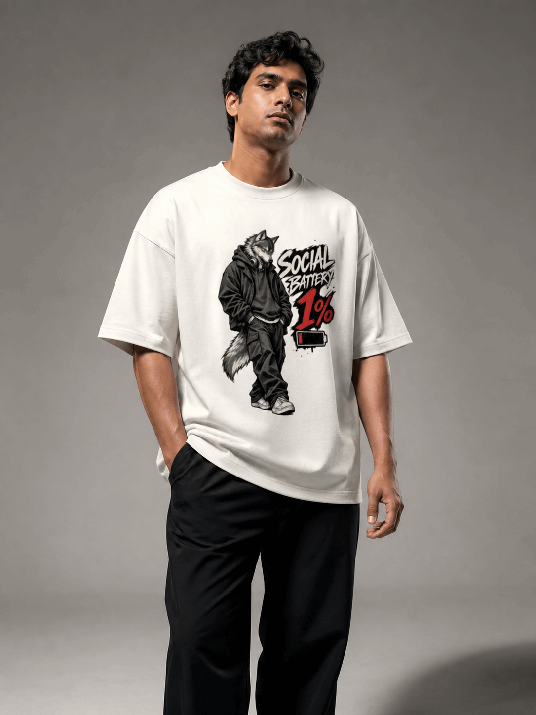 Social Battery Wolf off white oversized T-shirt on Indian male model, three-quarter studio view