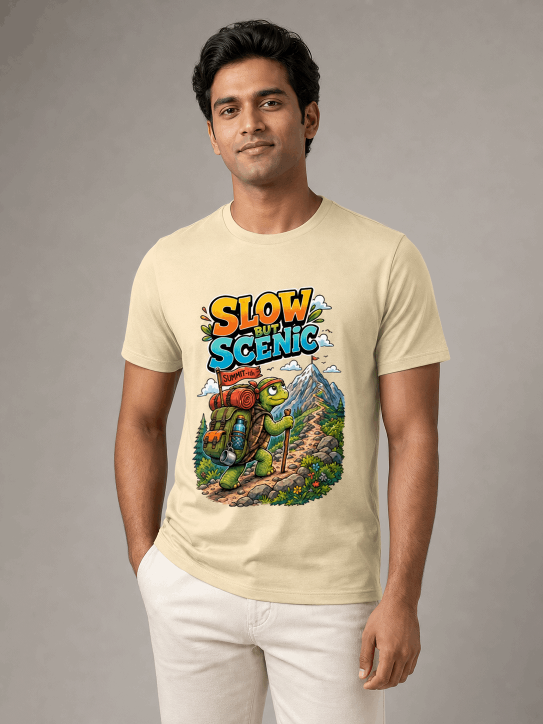 Trekking Turtle beige Supima T-shirt male AI studio photoshoot — close hero