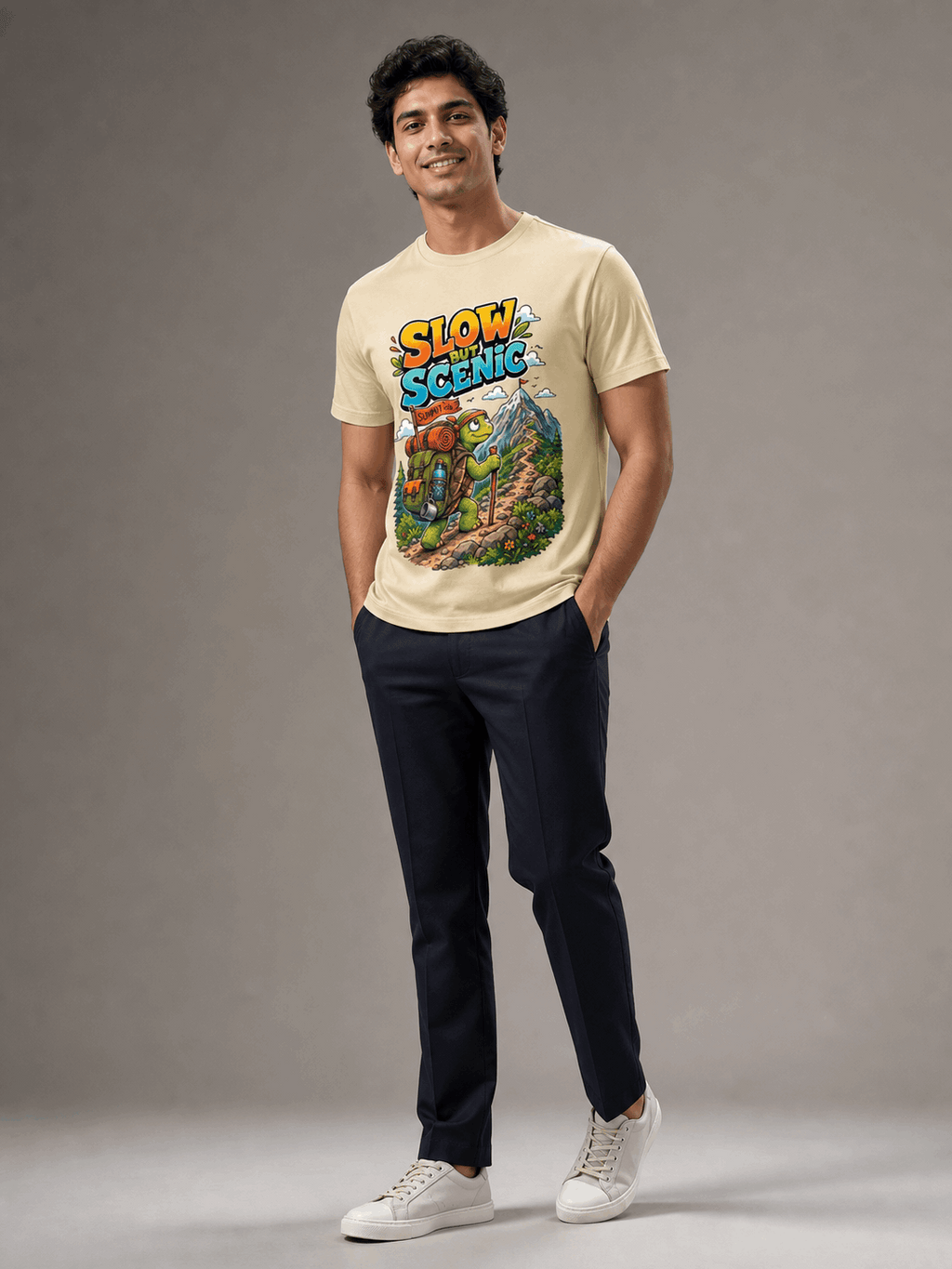 Trekking Turtle beige Supima T-shirt male AI studio photoshoot — full body
