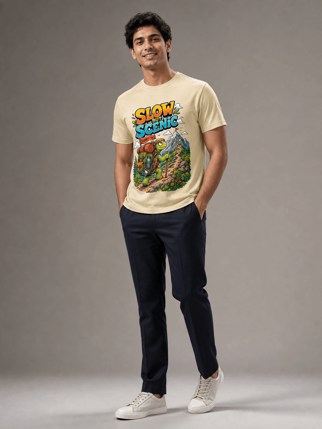 Trekking Turtle beige Supima T-shirt male AI studio photoshoot — full body