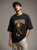Unbothered Crocodile black oversized T-shirt on Indian male model, three-quarter studio view