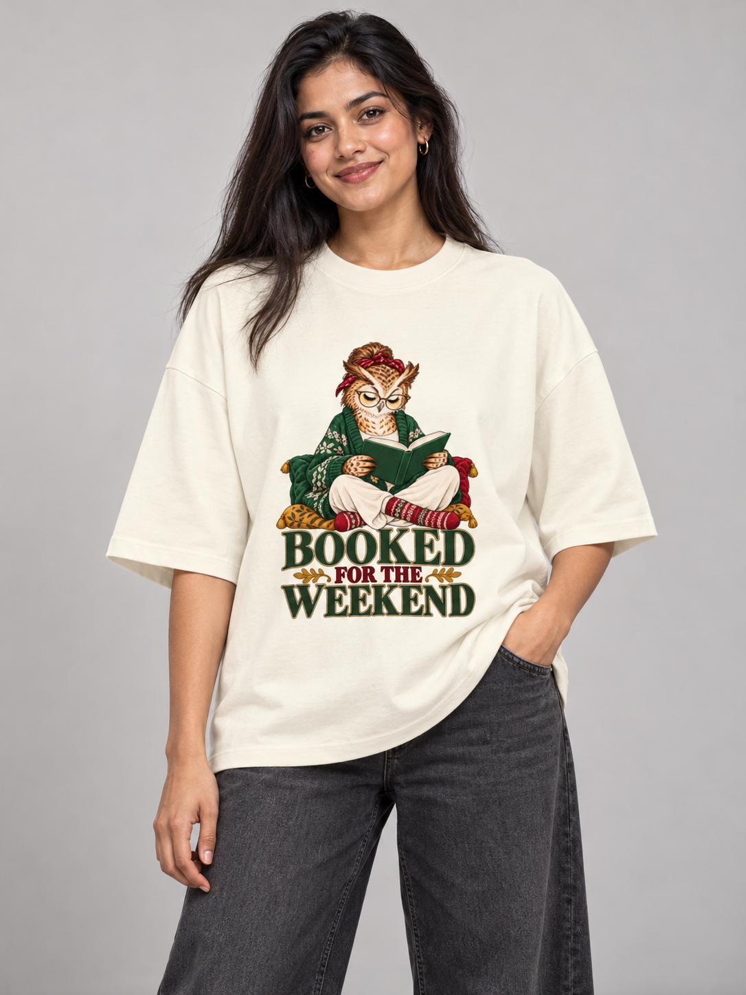 Booked for the Weekend Owl Off White oversized T-shirt on an Indian female model, front studio view