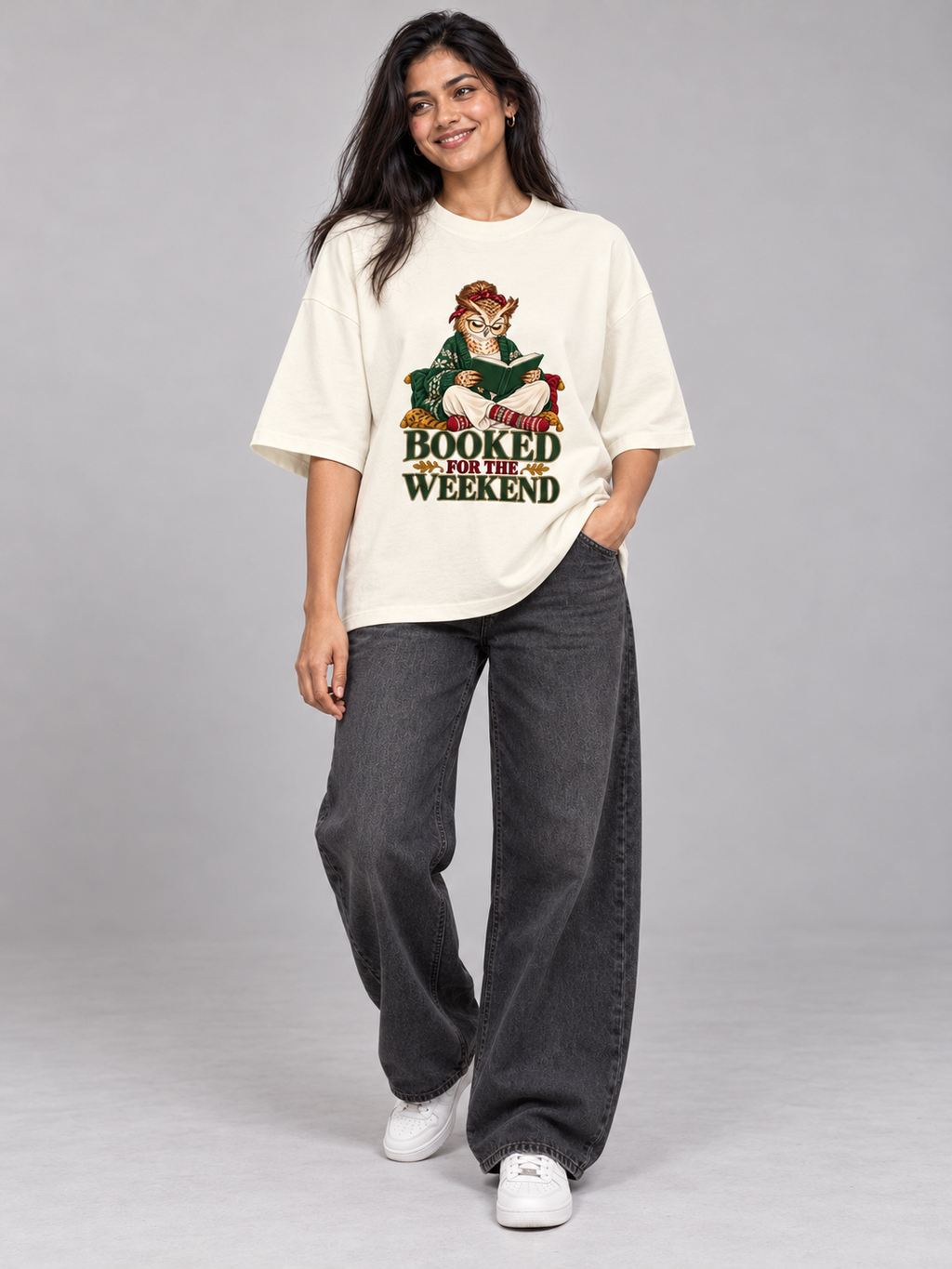 Booked for the Weekend Owl Off White oversized T-shirt on an Indian female model, full-length studio view