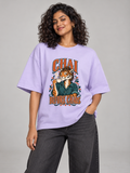 Chai Before Chaos Tiger Lavender oversized T-shirt on an Indian female model, front studio view